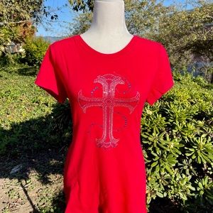 Handmade Rhinestone Detail Cross T-Shirt Slim Tee Red Silver